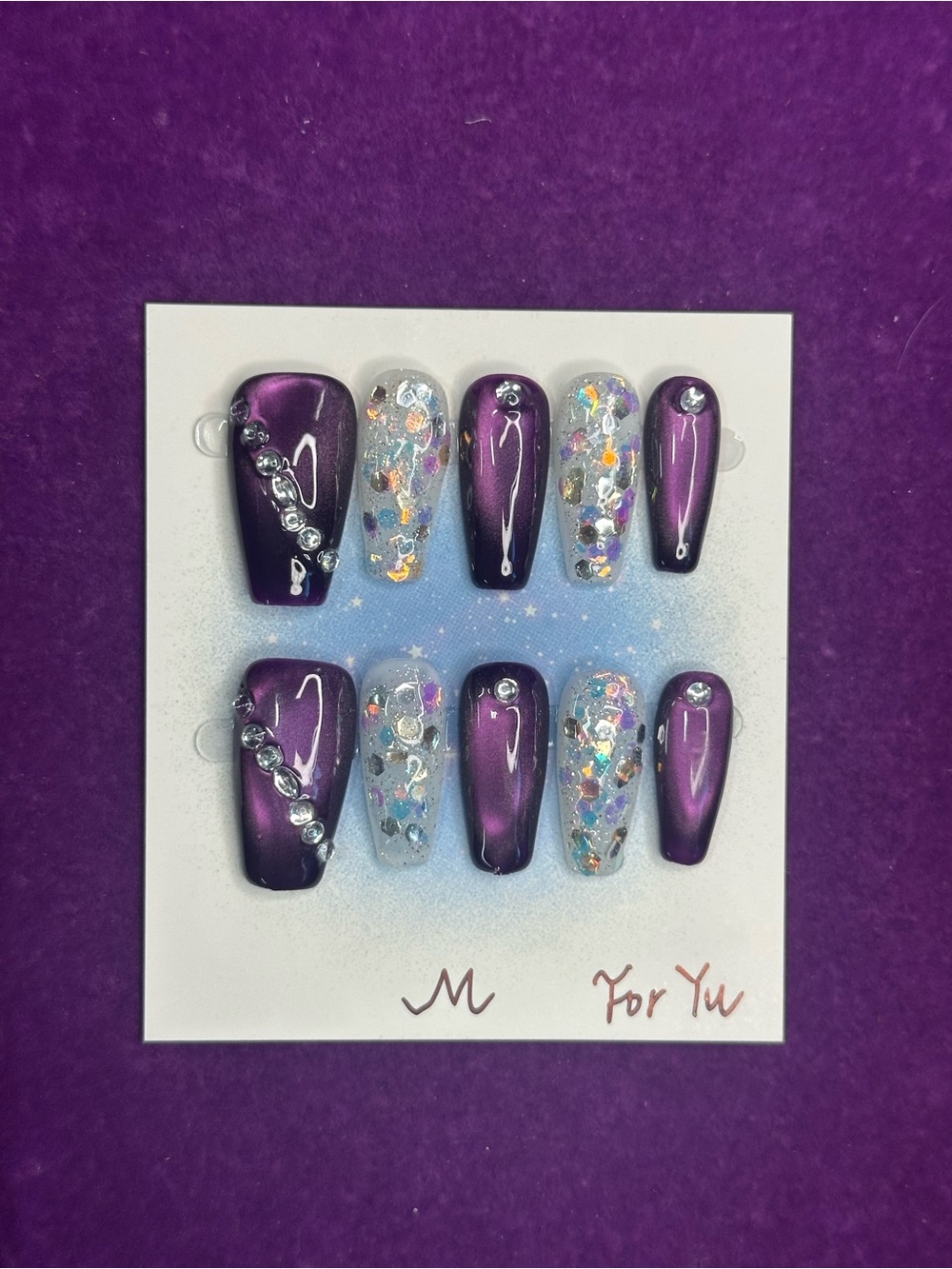 purple chrome & holo glitter press-on nail set, size M ✨